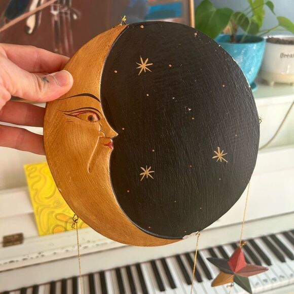 Hand Carved Wooden Star and Moon Ornament Mobile Vintage 90s Indonesia 28.5" - Picture 11 of 16
